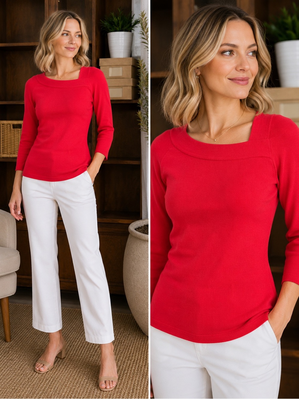 INC International Concepts Asymmetrical Square Neckline Knit Top 3/4 Sleeve | S